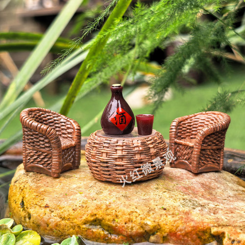 迷你仿真竹扁藤桌椅子微景观摆件