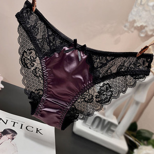 欧美性感蕾丝内裤女透明诱惑低腰蝴蝶结火辣舒适绸缎三角裤纯棉档