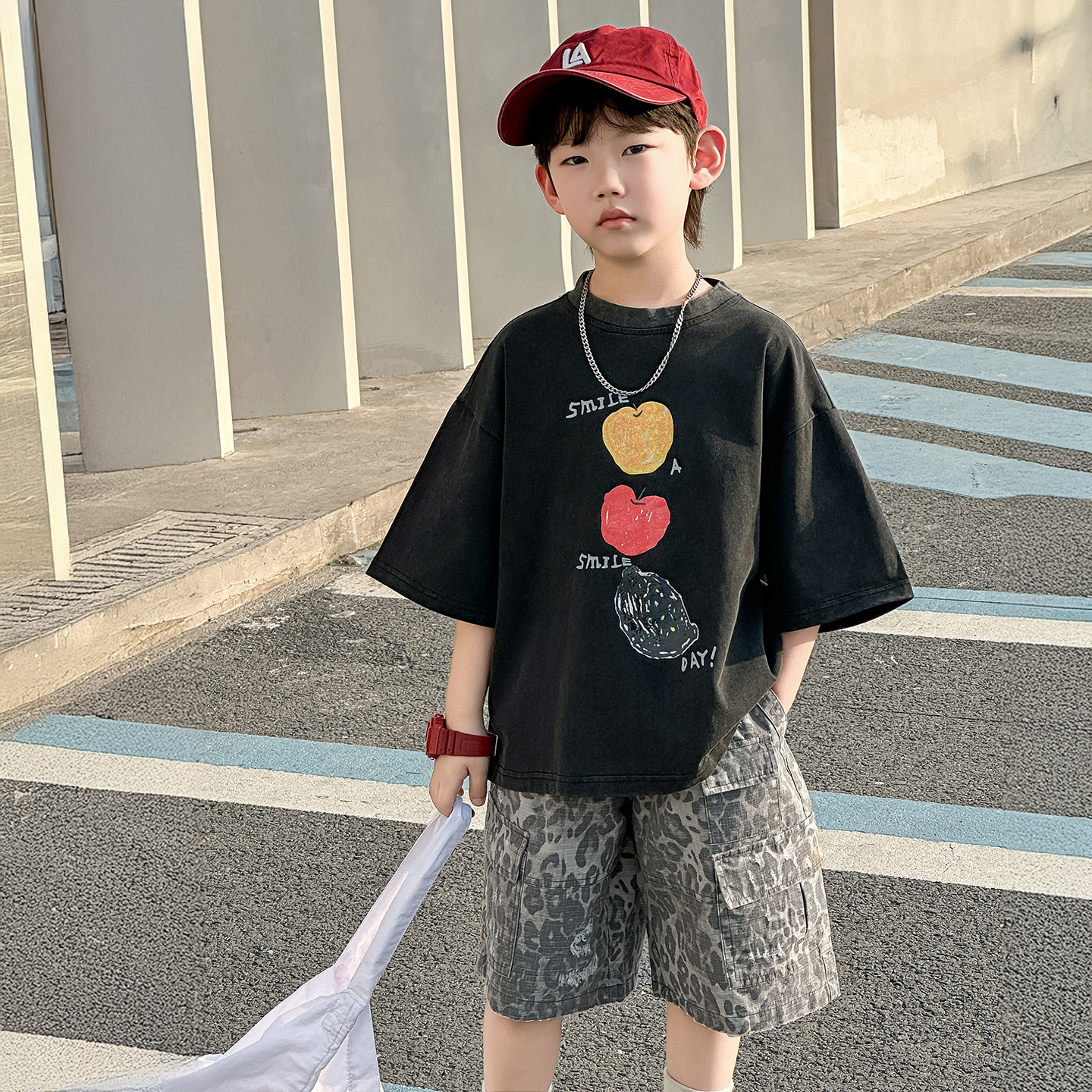 男童夏季套装儿童夏款韩版2025新款卡通短袖夏装童装豹纹五分裤