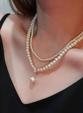 法式复古珍珠双层项链小米珠配饰女高级感轻奢小众锁骨链choker