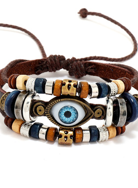 新款复古潮流手工编织眼睛皮手链 欧美 跨境多层民族风皮饰品手绳