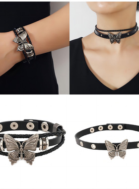 新款复古蝴蝶造型铆钉皮质流行朋克风皮手链 跨境简约皮质颈链