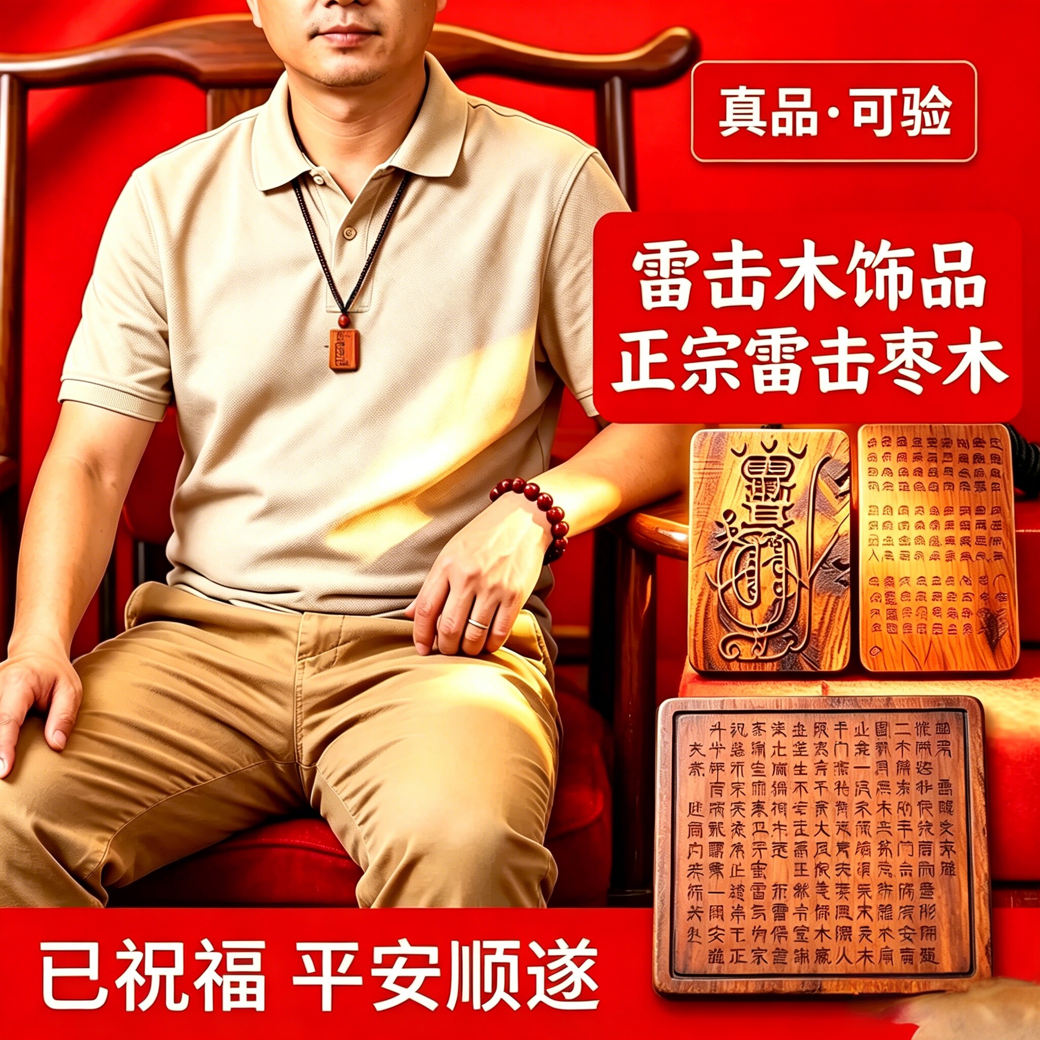 天然雷击枣木 紫薇讳金光咒牌法器 平安无事牌男女随身吊坠吊牌
