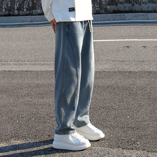 人字纹直筒牛仔裤男春秋宽松阔腿复古水洗简约百搭休闲牛仔长裤男