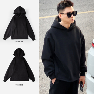 隐藏口袋加绒连帽卫衣刀片前幅男士春秋款宽松纯色百搭休闲套头衫