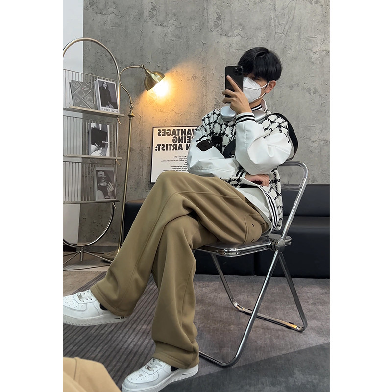 卡其色美式运动卫裤男秋冬加绒重磅休闲男裤宽松阔腿男士直筒长裤,男装,休闲裤,淘宝优惠券,粉丝福利购,淘宝优惠卷