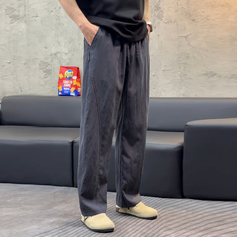 莱赛尔复古天丝休闲裤子男士夏季薄款潮牌运动宽松冰丝阔腿裤子男