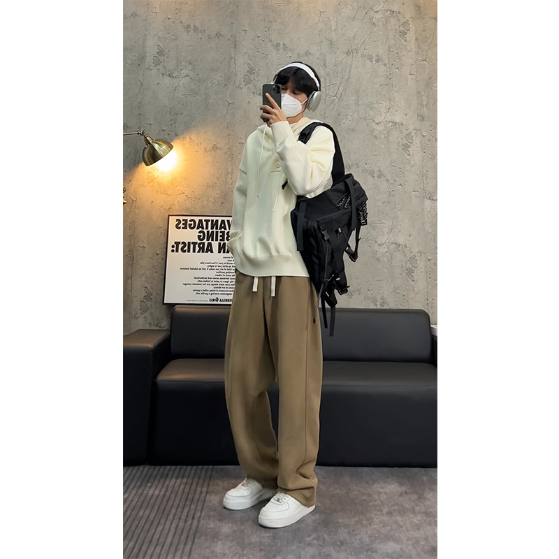 卡其色美式运动卫裤男秋冬加绒裤子男宽松阔腿拖地直筒休闲长裤男