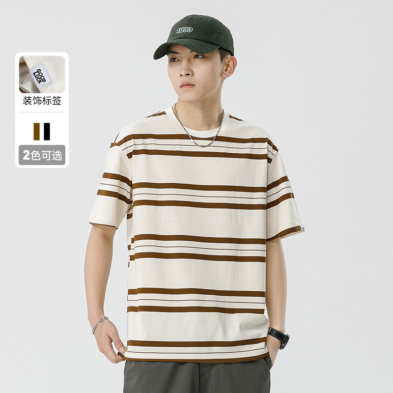 横条纹短袖t恤男士夏季日系圆领宽松男上衣夏款休闲打底衫体恤男