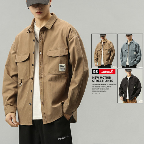 工装外套男士宽松纯棉翻领夹克男