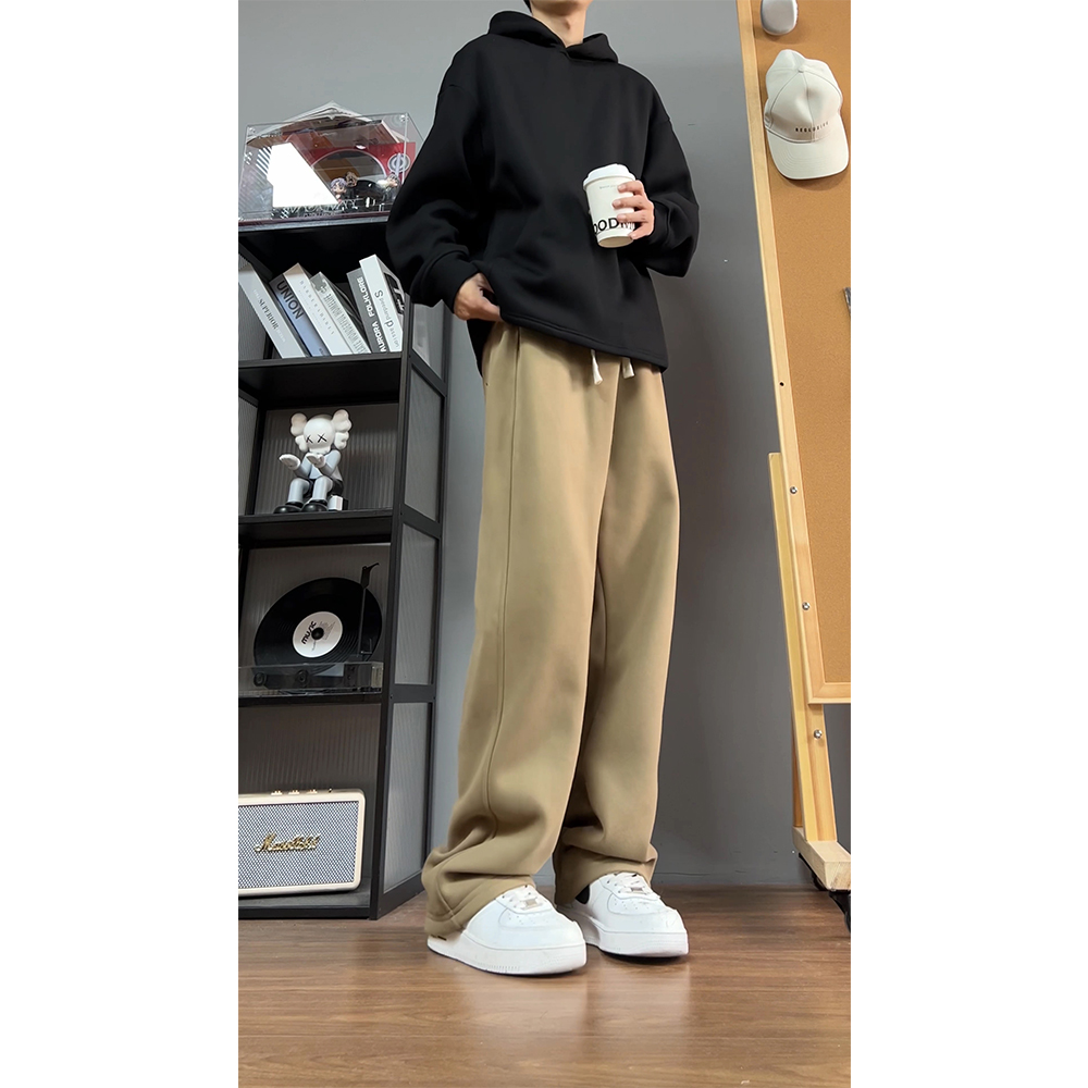 卡其色美式运动卫裤男秋冬加绒重磅男裤春秋阔腿拖地直筒休闲长裤