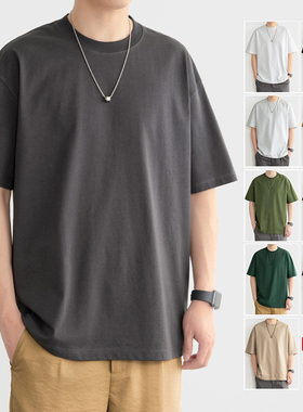 灰色短袖T恤男士夏季宽松圆领日系男上衣打底衫半袖休闲纯色体恤