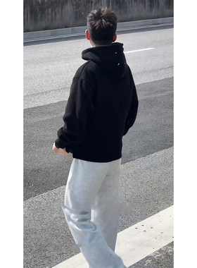 连帽卫衣男秋冬款重磅美式帽衫加绒加厚宽松休闲外套基础纯色上衣