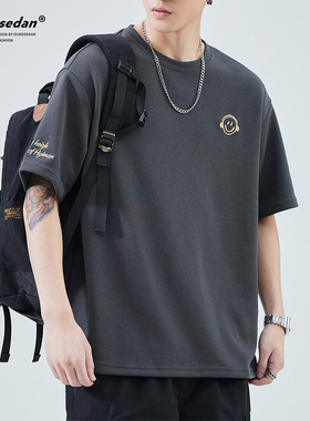 圆领短袖t恤男士夏季宽松大码字母刺绣灰色半袖上衣休闲体恤衫男