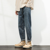 男款 美式 秋季 潮牌牛仔裤 直筒宽松雪花洗小脚男裤 春秋款 休闲长裤 男