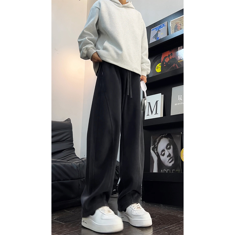 美式弯刀卫裤男秋冬季加绒阔腿休闲裤男士重磅垂感宽松直筒运动裤