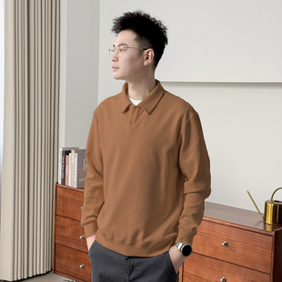 重磅焦糖色单扣翻领Polo衫 长袖 卫衣男春夏宽松休闲复古翻领打底衫