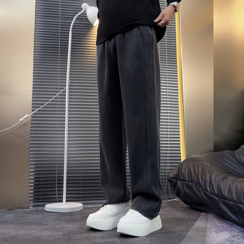 水洗灰休闲裤男春秋慵懒风松弛感宽松垂感阔腿裤直筒运动卫裤男士