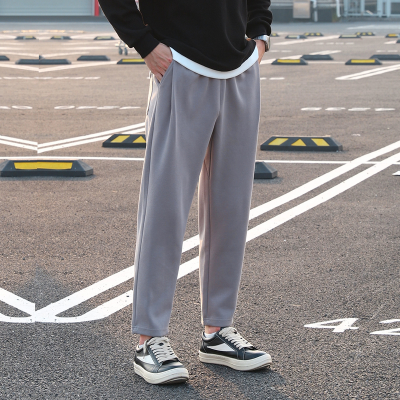 柳叶拼裆休闲裤男春秋重磅水洗黑微锥显瘦cleanfit复古直筒卫裤男