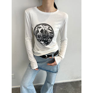 复古印花通勤内搭  闭眼入超舒服天丝树林简约长袖T恤上衣女26春