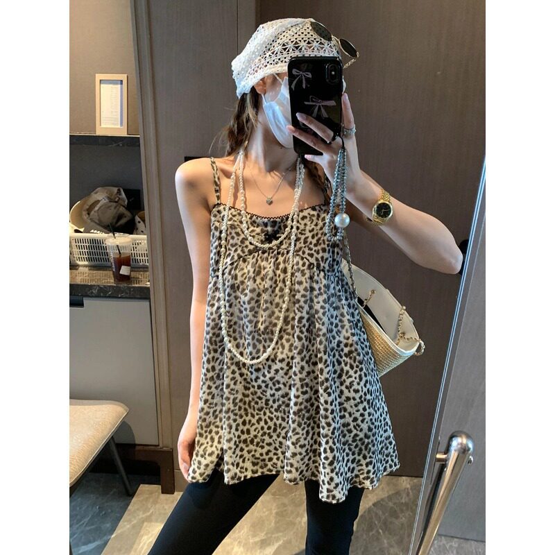 豹纹吊带背心女夏季外穿宽松遮肉雪纺碎花吊带上衣洋气A字娃娃衫