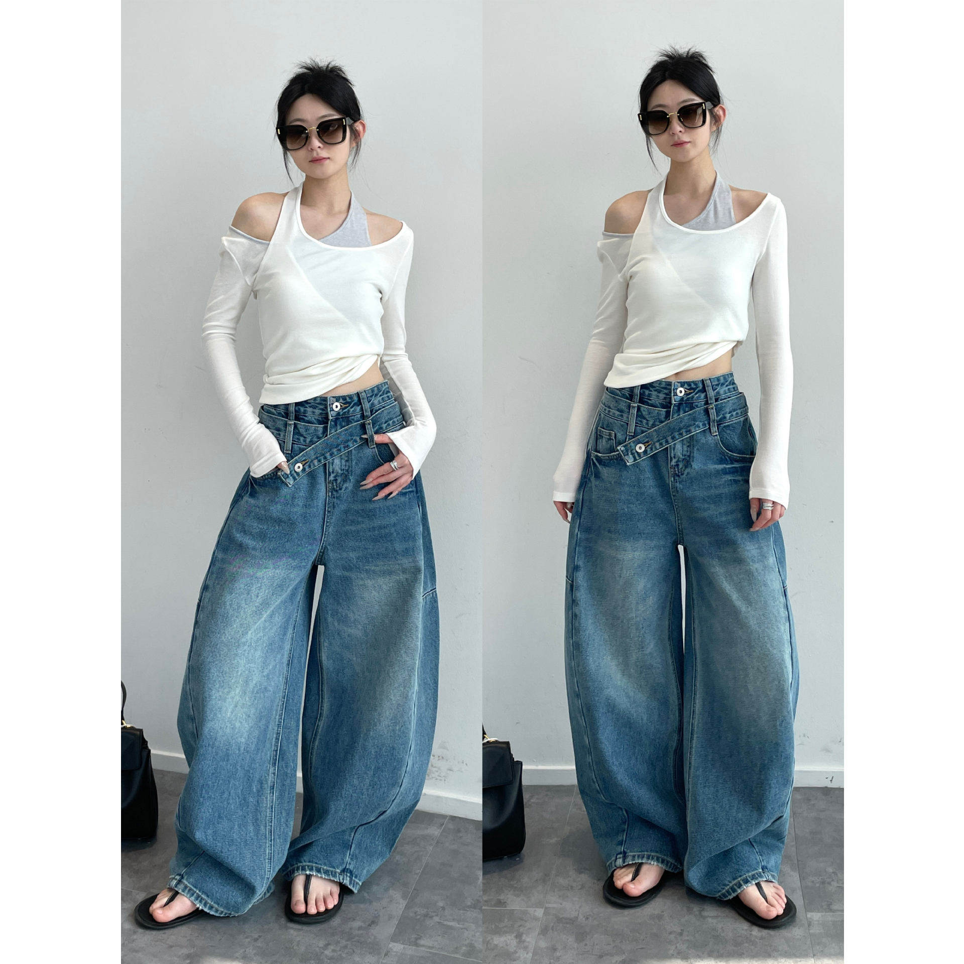 明星同款神裤 重工水洗不规则设计斜扣显瘦时髦阔腿弯刀裤女26春,女装/女士精品,牛仔裤,淘宝优惠券,粉丝福利购,淘宝优惠卷