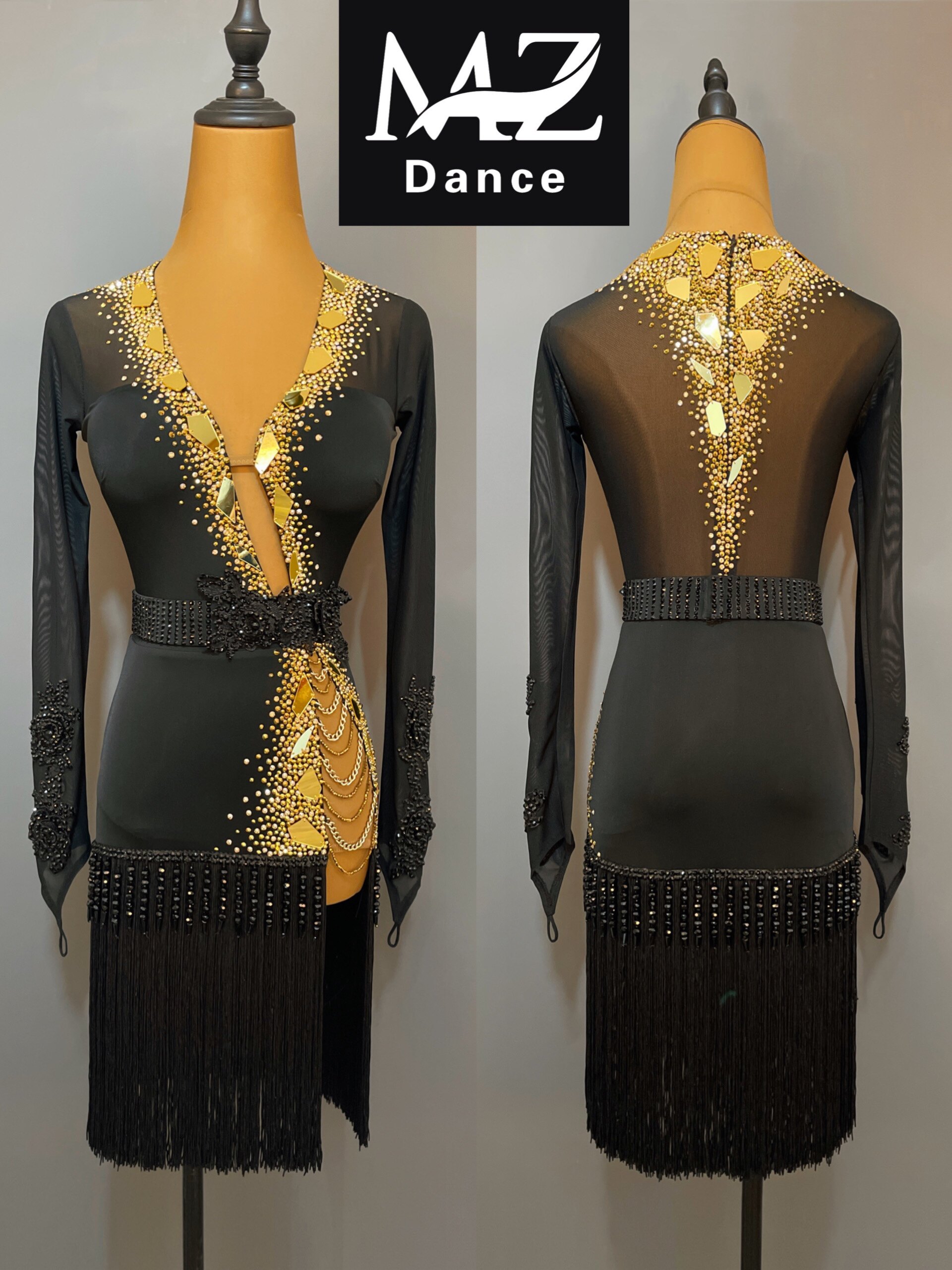 MZDance成人女士拉丁舞比赛服表演服艺考服深V长袖流苏连衣裙