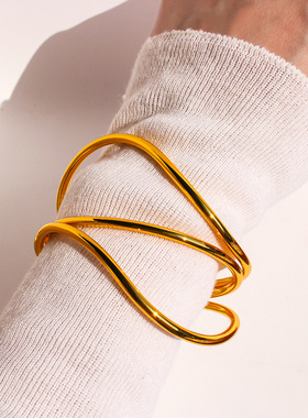 欧美夸张金属光面波浪不规则多层镂空线条开口手镯手环手链饰品