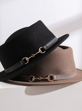 CHICLOT boater 秋冬复古搭扣纯羊毛短檐平顶帽 优雅毡帽男女礼帽