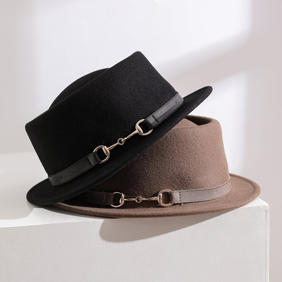 CHICLOT boater 秋冬复古搭扣纯羊毛短檐平顶帽 优雅毡帽男女礼帽