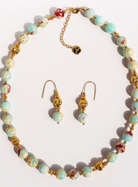 chico原创小众设计天然青金石寿山石金属圆球串珠项链耳环套装