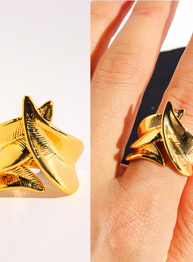 欧美小众自然手工纹理交叉树叶宽版夸张戒指时尚植物系指环女饰品