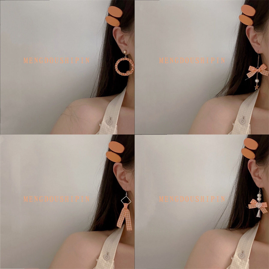 橘色格子耳环元气可爱蝴蝶结耳饰