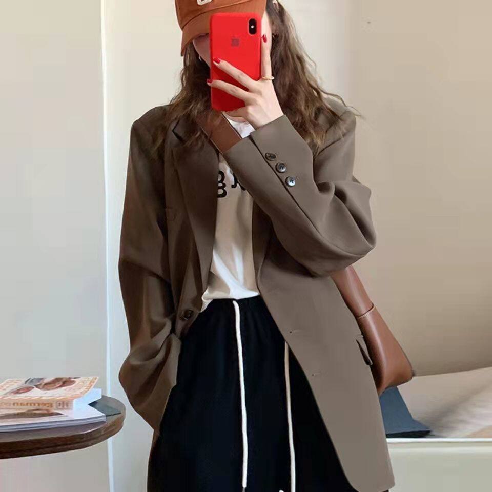 咖色西装外套女春秋新款网红韩版休闲显瘦设计感学生西服上衣