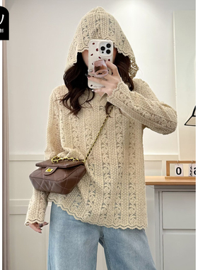 韩系重工蕾丝钩花镂空连帽打底衫女新款宽松遮肉叠穿针织衫上衣潮
