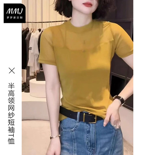 韩版休闲女装半高领网纱短袖T恤2025春季设计感显瘦打底小衫上衣