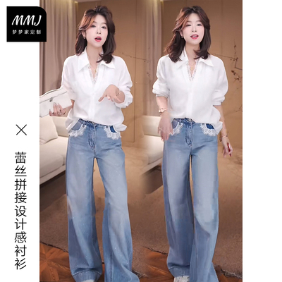 2025新款设计感蕾丝拼接假两件v领衬衫女慵懒风气质休闲百搭衬衣