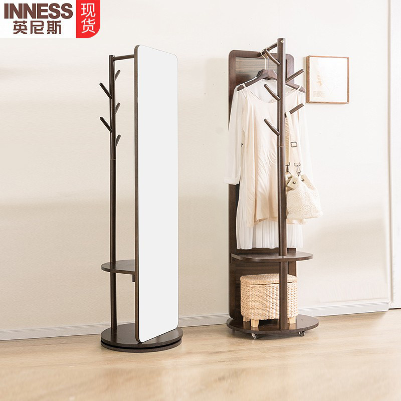 实木全身镜全身镜落地镜家用全身镜子卧室可旋转移动带挂衣架一体