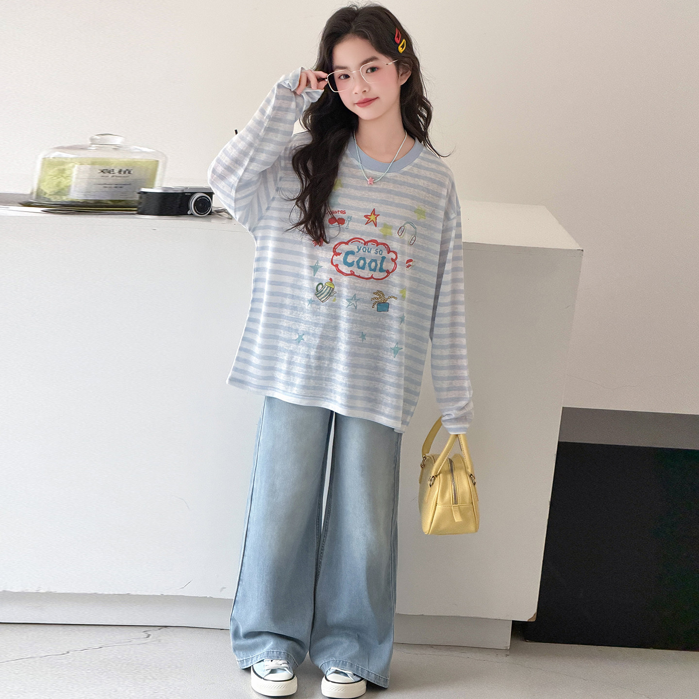 女童夏季罩衫长袖防晒衣薄牛仔裤图片