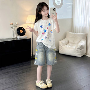 2026新款超火女童夏季套装初中生巨好看T恤牛仔短裤洋气两件套潮