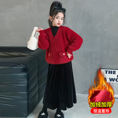 红色毛衣女童超好看假两件加厚冬