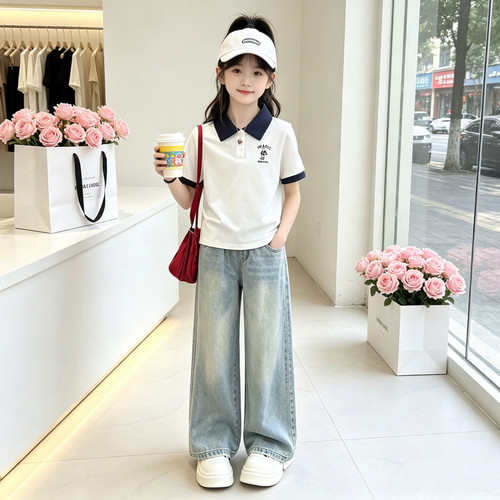 女童夏季学院风POLO牛仔裤两件套