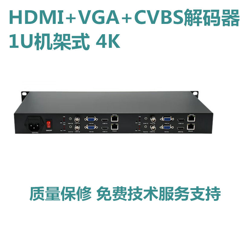 4路1U机架式解码器HDMI/VGA/CVBS选择输出/1U机架式/4K多口解码器