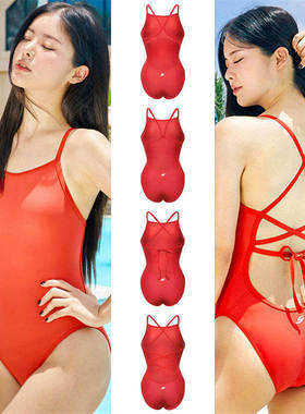 SENTI新款韩国代购红色时尚性感泳衣专业训练单层速干女纯色泳装