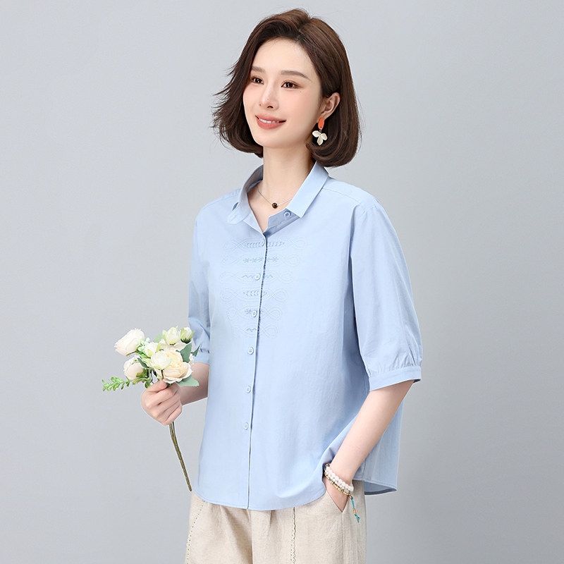 妈妈夏季纯棉衬衫女短袖2026新款洋气50岁女五分袖上衣服