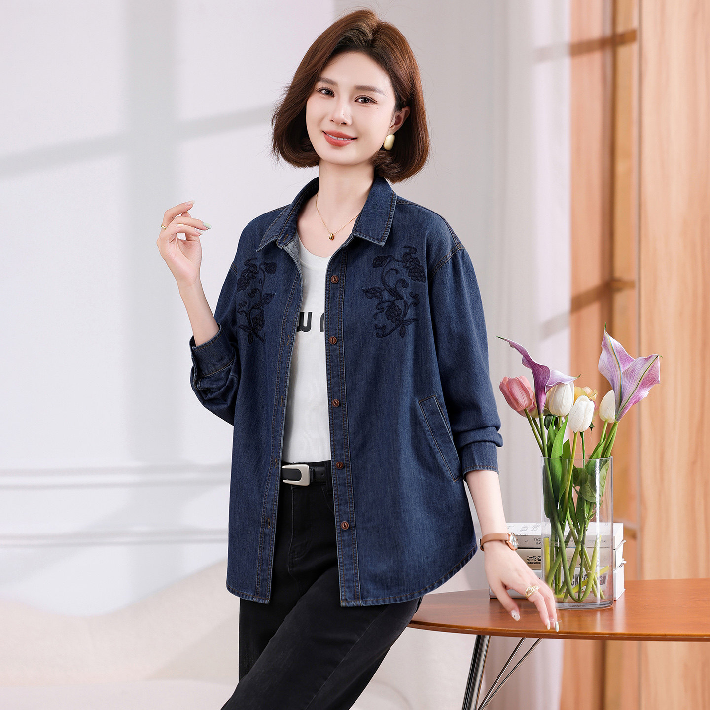 刺绣牛仔衬衫外套女秋装