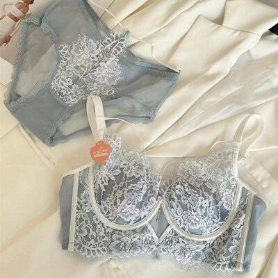 法式超薄性感蕾丝内衣套装软钢圈聚拢上托防下垂大胸显小胸罩BC杯