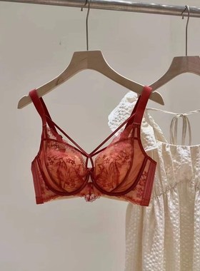 大胸显小CD杯红色本命年结婚内衣套装软钢圈薄杯聚拢显瘦蕾丝bra