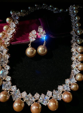 落日熔金焦糖珍珠宝石项链 星河璀璨 深海贝珠大克拉锆石颈链耳环