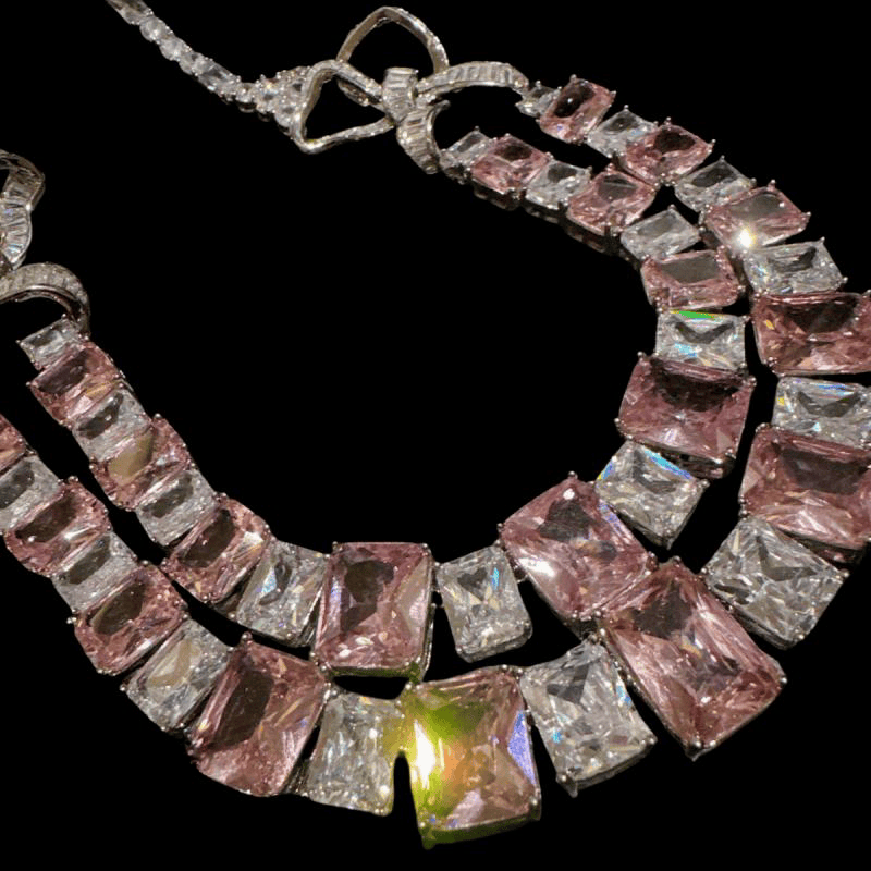 奥地利宫廷蝴蝶结宝石项链 Vintage镀18K金 阿盖尔粉锆石耳环套装